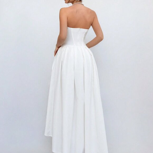 White Elegant Women's Asymmetric Hemline Strap Top Breast Cup Midi Dress - Picture 3 of 5